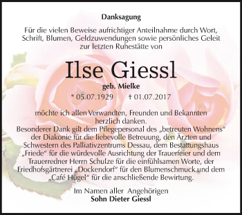 Traueranzeige von Ilse Giessl von WVG - Wochenspiegel Dessau / Köthen