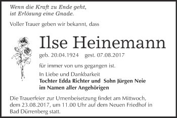 Traueranzeige von Ilse Heinemann von Super Sonntag Merseburg