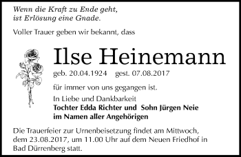 Traueranzeige von Ilse Heinemann von Mitteldeutsche Zeitung Merseburg/Querfurt