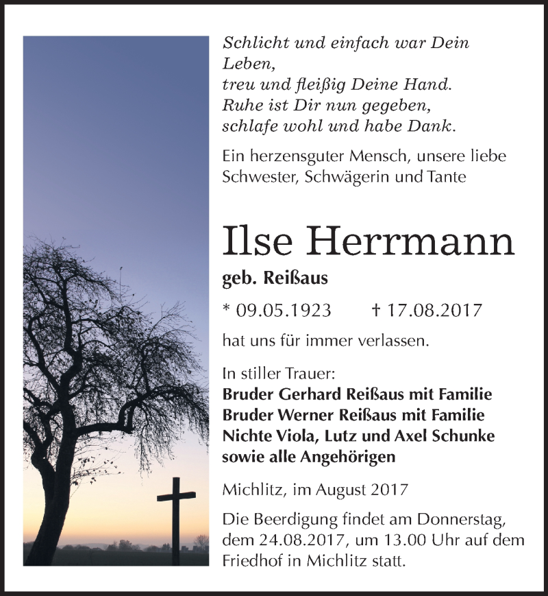  Traueranzeige für Ilse Herrmann vom 19.08.2017 aus Mitteldeutsche Zeitung Weißenfels