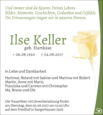 Traueranzeige von Ilse Keller von WVG - Wochenspiegel SGH