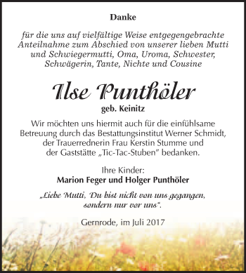 Traueranzeige von Ilse Punthöler von WVG - Wochenspiegel Quedlinburg