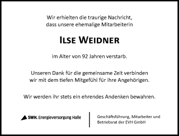 Traueranzeige von Ilse Weidner von Mitteldeutsche Zeitung Halle/Saalkreis
