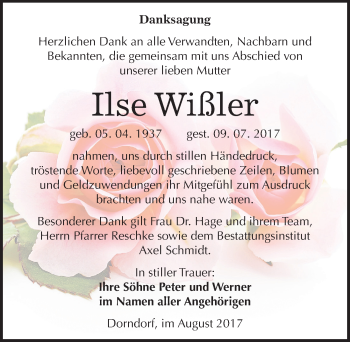 Traueranzeige von Ilse Wißler von Mitteldeutsche Zeitung Naumburg/Nebra