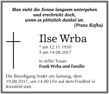 Traueranzeige von Ilse Wrba von Mitteldeutsche Zeitung Mansfelder Land