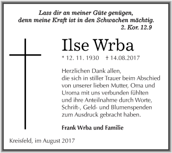 Traueranzeige von Ilse Wrba von Wochenspiegel Mansfelder Land