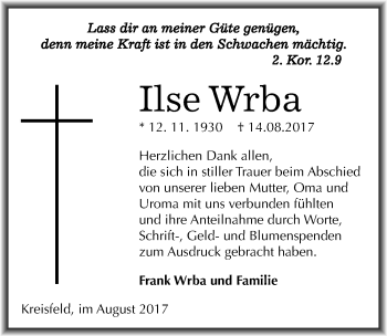 Traueranzeige von Ilse Wrba von Mitteldeutsche Zeitung Mansfelder Land