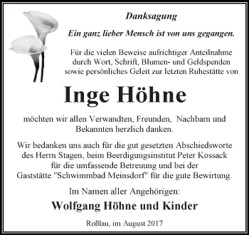 Traueranzeige von Inge Höhne von WVG - Wochenspiegel Dessau / Köthen