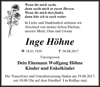 Traueranzeige von Inge Höhne von Mitteldeutsche Zeitung Dessau-Roßlau