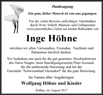 Traueranzeige von Inge Höhne von Mitteldeutsche Zeitung Dessau-Roßlau