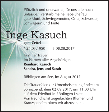 Traueranzeige von Inge Kasuch von Mitteldeutsche Zeitung Mansfelder Land