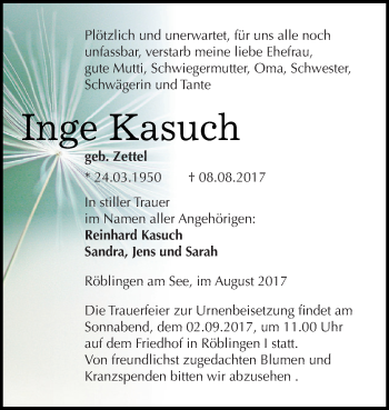 Traueranzeige von Inge Kasuch von Super Sonntag SGH Mansf. Land