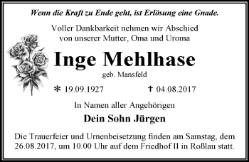 Traueranzeige von Inge Mehlhase von Mitteldeutsche Zeitung Dessau-Roßlau