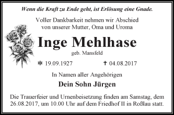 Traueranzeige von Inge Mehlhase von WVG - Wochenspiegel Dessau / Köthen