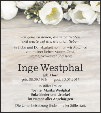Traueranzeige von Inge Westphal von WVG - Wochenspiegel Wittenberg