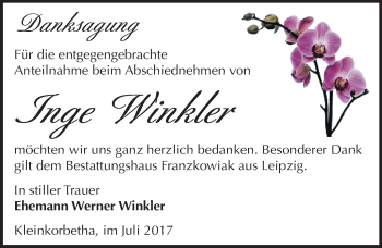 Traueranzeige von Inge Winkler von Mitteldeutsche Zeitung Weißenfels