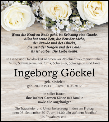 Traueranzeige von Ingeborg Göckel von Super Sonntag SGH Mansf. Land