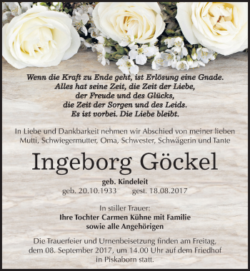 Traueranzeige von Ingeborg Göckel von Mitteldeutsche Zeitung Mansfelder Land