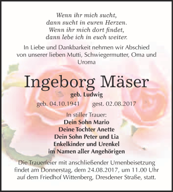 Traueranzeige von Ingeborg Mäser von WVG - Wochenspiegel Wittenberg