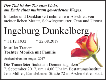 Traueranzeige von Ingeburg Dunkelberg von Mitteldeutsche Zeitung Aschersleben