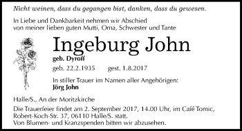 Traueranzeige von Ingeburg John von Mitteldeutsche Zeitung Halle/Saalkreis