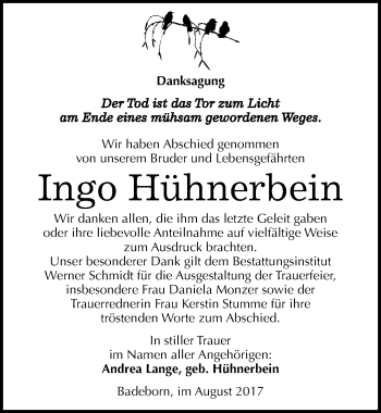 Traueranzeige von Ingo Hühnerbein von Mitteldeutsche Zeitung Quedlinburg