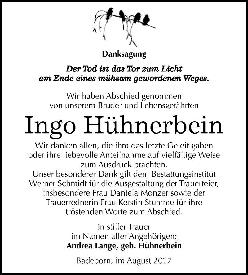  Traueranzeige für Ingo Hühnerbein vom 05.08.2017 aus WVG - Wochenspiegel Quedlinburg