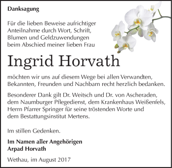 Traueranzeige von Ingrid Horvath von Mitteldeutsche Zeitung Naumburg/Nebra