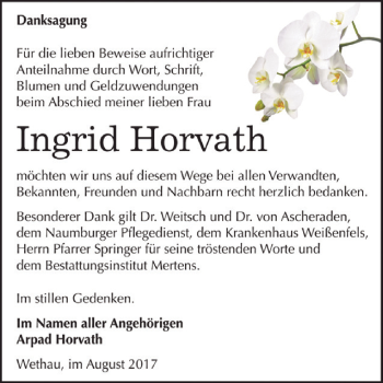 Traueranzeige von Ingrid Horvath von WVG - Wochenspiegel NMB / WSF / ZTZ