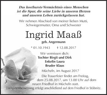 Traueranzeige von Ingrid Maaß von WVG - Wochenspiegel Merseburg