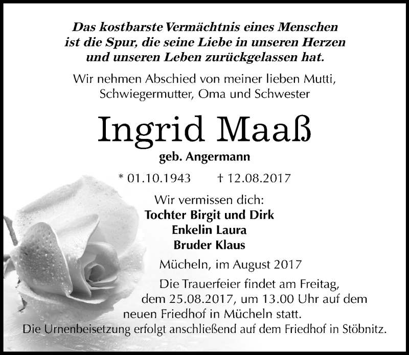  Traueranzeige für Ingrid Maaß vom 19.08.2017 aus Mitteldeutsche Zeitung Merseburg/Querfurt