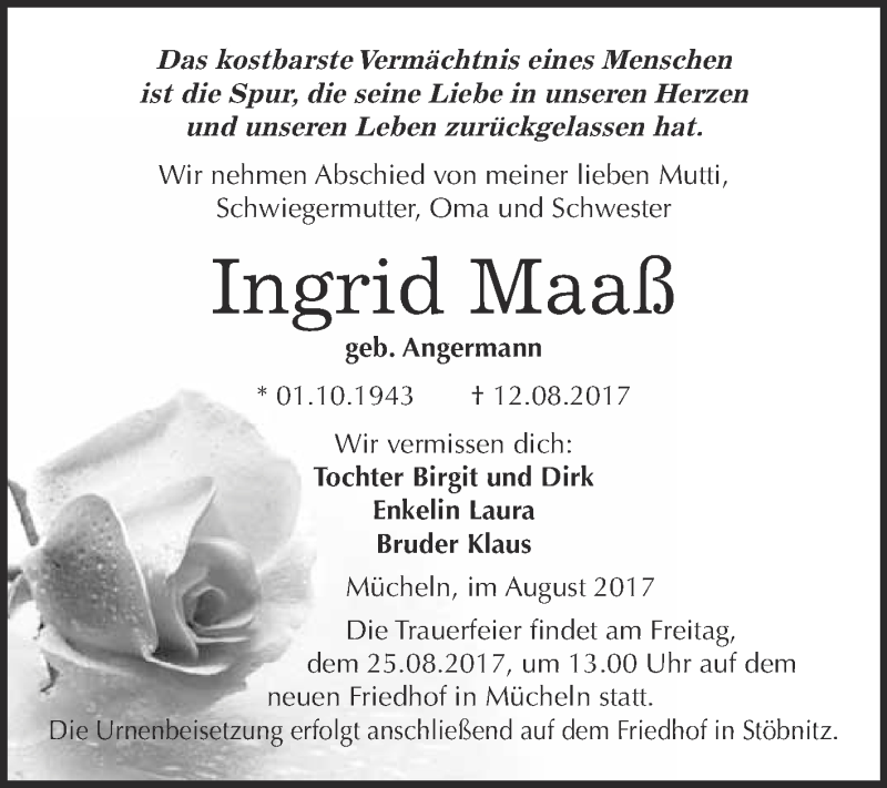  Traueranzeige für Ingrid Maaß vom 19.08.2017 aus WVG - Wochenspiegel Merseburg