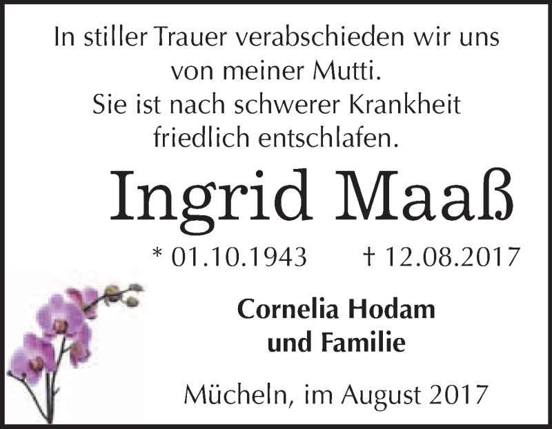  Traueranzeige für Ingrid Maaß vom 19.08.2017 aus WVG - Wochenspiegel Merseburg