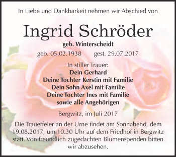 Traueranzeige von Ingrid Schröder von WVG - Wochenspiegel Wittenberg
