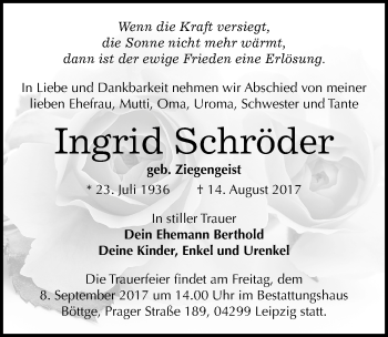 Traueranzeige von Ingrid Schröder von Mitteldeutsche Zeitung Merseburg/Querfurt