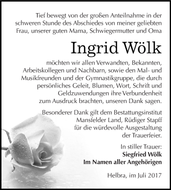 Traueranzeige von Ingrid Wölk von Wochenspiegel Mansfelder Land