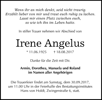 Traueranzeige von Irene Angelus von Mitteldeutsche Zeitung Halle/Saalkreis