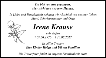 Traueranzeige von Irene Krause von WVG - Wochenspiegel Bitterfeld