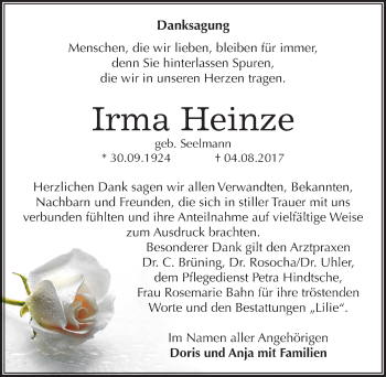 Traueranzeige von Irma Heinze von Mitteldeutsche Zeitung Dessau-Roßlau