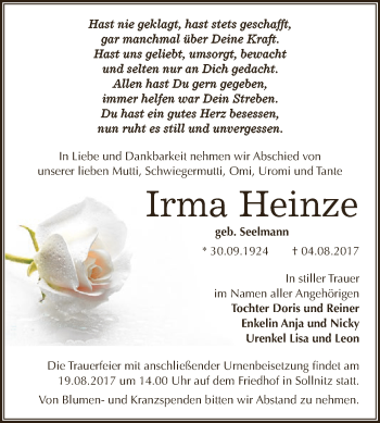 Traueranzeige von Irma Heinze von WVG - Wochenspiegel Dessau / Köthen
