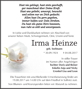 Traueranzeige von Irma Heinze von Mitteldeutsche Zeitung Dessau-Roßlau