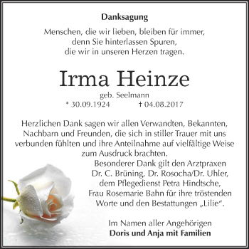 Traueranzeige von Irma Heinze von WVG - Wochenspiegel Dessau / Köthen