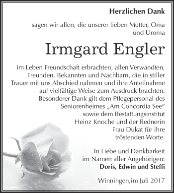 Traueranzeige von Irmgard Engler von Super Sonntag Aschersleben