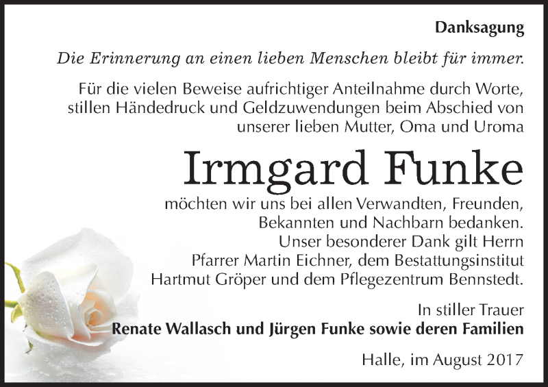  Traueranzeige für Irmgard Funke vom 19.08.2017 aus Mitteldeutsche Zeitung Halle/Saalkreis