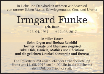 Traueranzeige von Irmgard Funke von Mitteldeutsche Zeitung Halle/Saalkreis