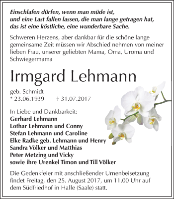 Traueranzeige von Irmgard Lehmann von Mitteldeutsche Zeitung Halle/Saalkreis