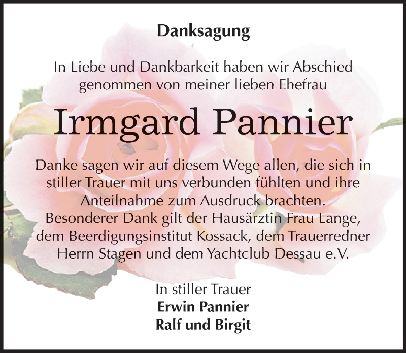  Traueranzeige für Irmgard Pannier vom 26.08.2017 aus Mitteldeutsche Zeitung Dessau-Roßlau