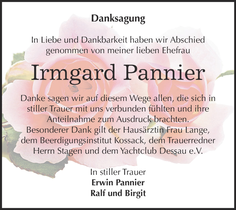  Traueranzeige für Irmgard Pannier vom 26.08.2017 aus WVG - Wochenspiegel Dessau / Köthen