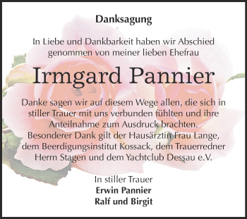 Traueranzeige von Irmgard Pannier von WVG - Wochenspiegel Dessau / Köthen