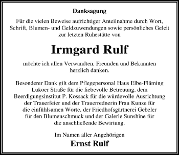Traueranzeige von Irmgard Rulf von Mitteldeutsche Zeitung Dessau-Roßlau